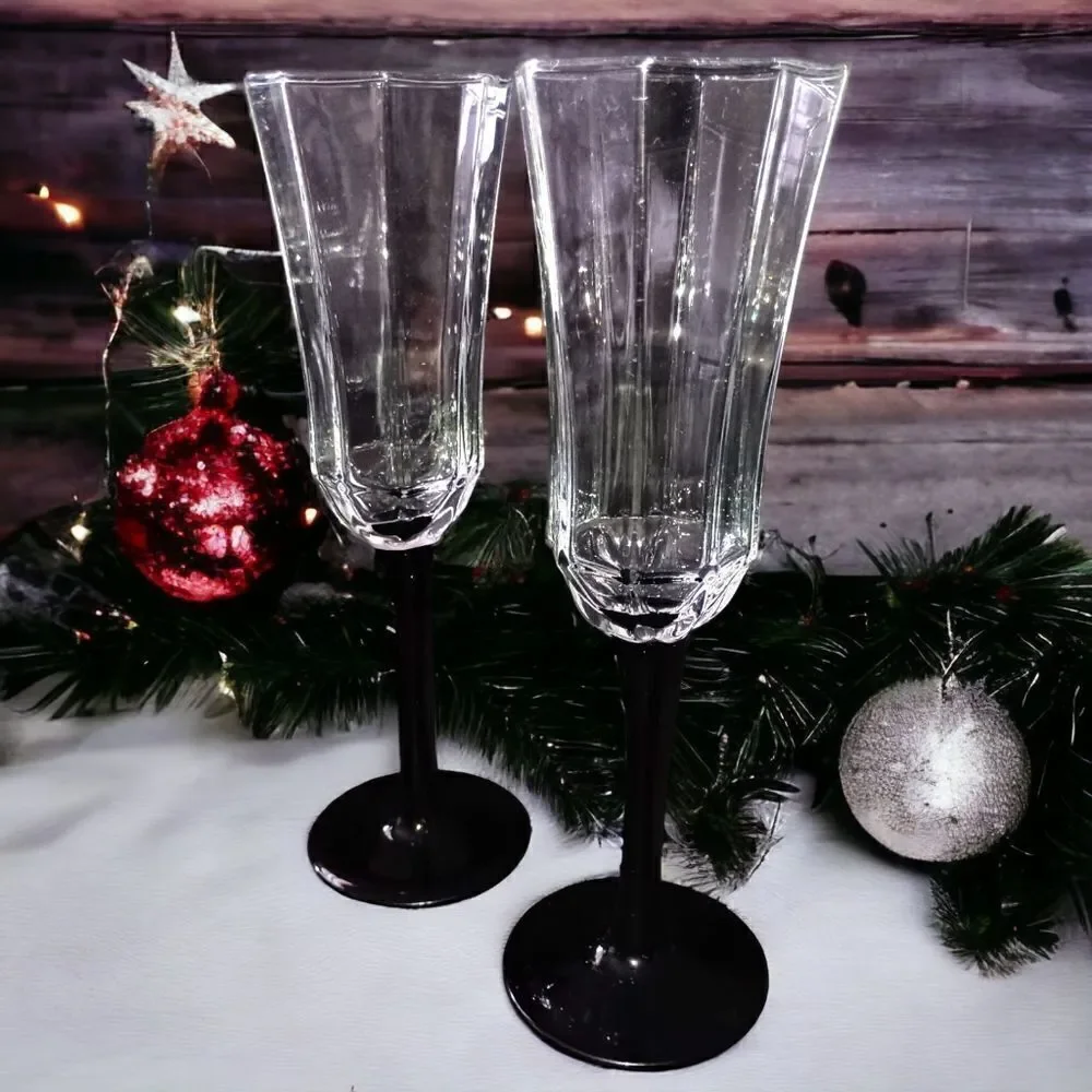 2 Luminarc Arcoroc Octime Domino Champagne Flutes Glasses France Set Black Stem.